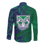 New Zealand Warriors Rugby Long Sleeve Button Shirt Fierce Mascot Geometric Tribal Art