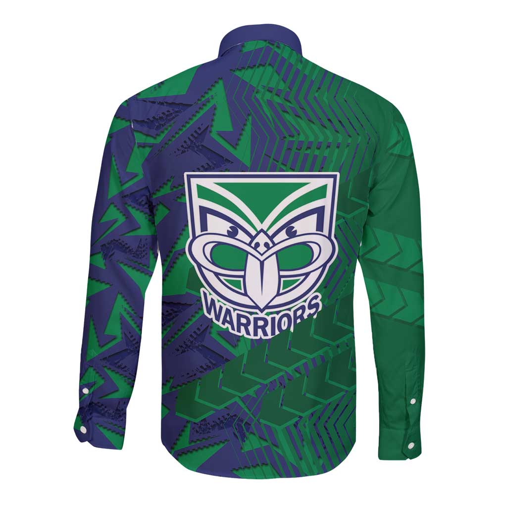 New Zealand Warriors Rugby Long Sleeve Button Shirt Fierce Mascot Geometric Tribal Art