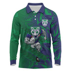 New Zealand Warriors Rugby Long Sleeve Polo Shirt Fierce Mascot Geometric Tribal Art