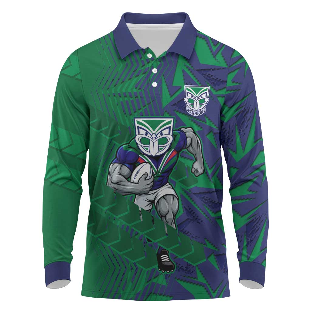 New Zealand Warriors Rugby Long Sleeve Polo Shirt Fierce Mascot Geometric Tribal Art