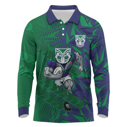 New Zealand Warriors Rugby Long Sleeve Polo Shirt Fierce Mascot Geometric Tribal Art