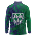 New Zealand Warriors Rugby Long Sleeve Polo Shirt Fierce Mascot Geometric Tribal Art
