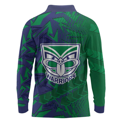 New Zealand Warriors Rugby Long Sleeve Polo Shirt Fierce Mascot Geometric Tribal Art