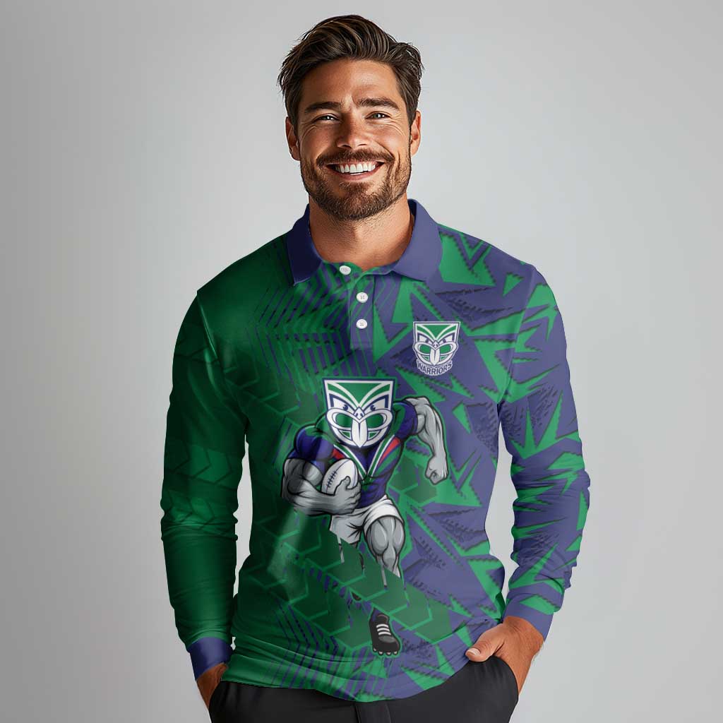 New Zealand Warriors Rugby Long Sleeve Polo Shirt Fierce Mascot Geometric Tribal Art