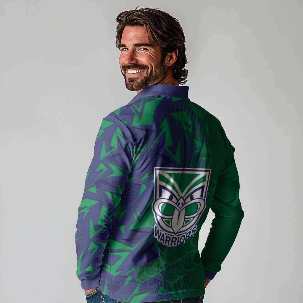 New Zealand Warriors Rugby Long Sleeve Polo Shirt Fierce Mascot Geometric Tribal Art