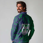 New Zealand Warriors Rugby Long Sleeve Polo Shirt Fierce Mascot Geometric Tribal Art