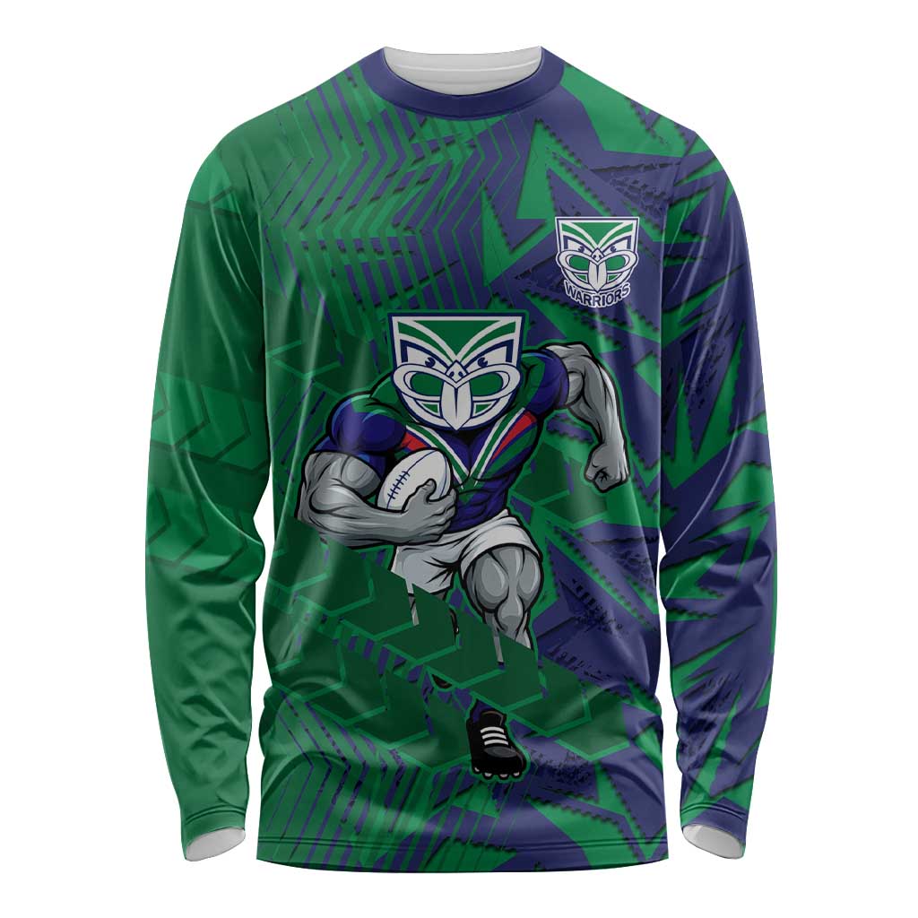 New Zealand Warriors Rugby Long Sleeve Shirt Fierce Mascot Geometric Tribal Art