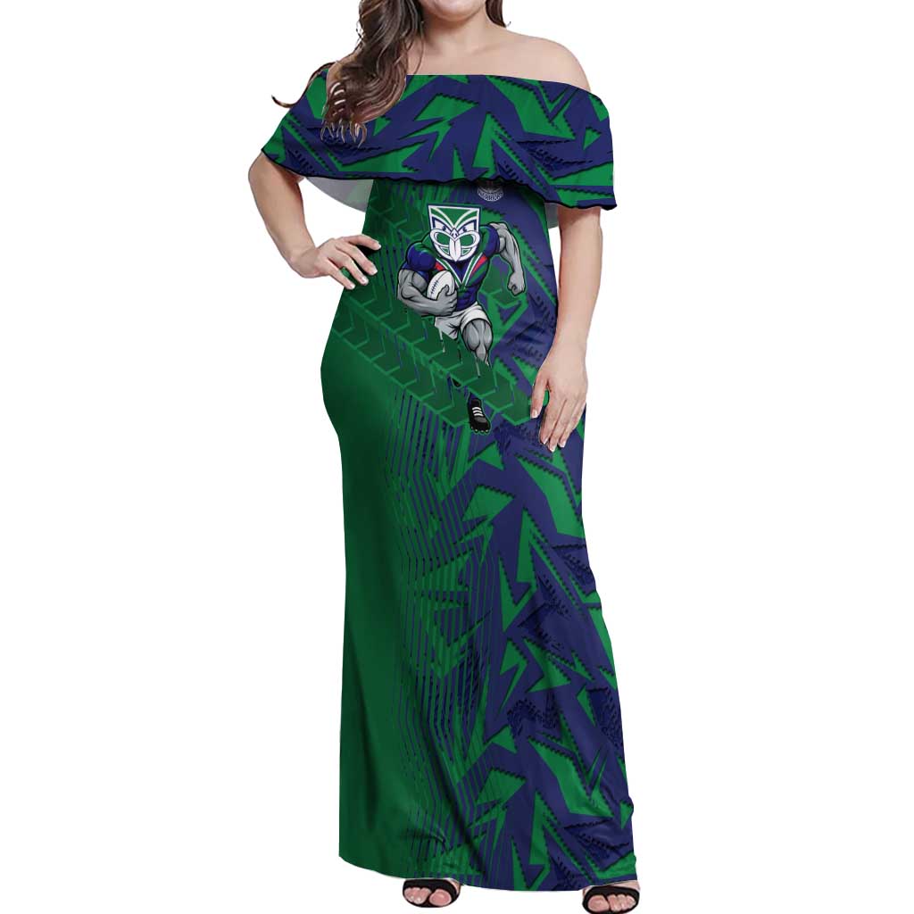 New Zealand Warriors Rugby Off Shoulder Maxi Dress Fierce Mascot Geometric Tribal Art