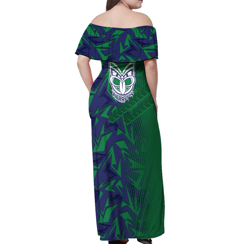 New Zealand Warriors Rugby Off Shoulder Maxi Dress Fierce Mascot Geometric Tribal Art