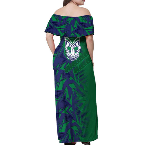 New Zealand Warriors Rugby Off Shoulder Maxi Dress Fierce Mascot Geometric Tribal Art