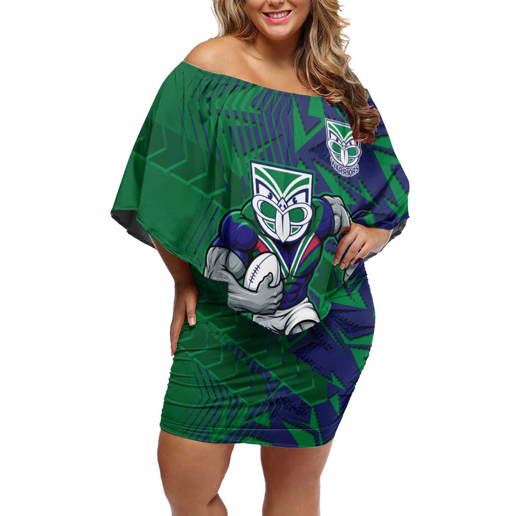 New Zealand Warriors Rugby Off Shoulder Short Dress Fierce Mascot Geometric Tribal Art