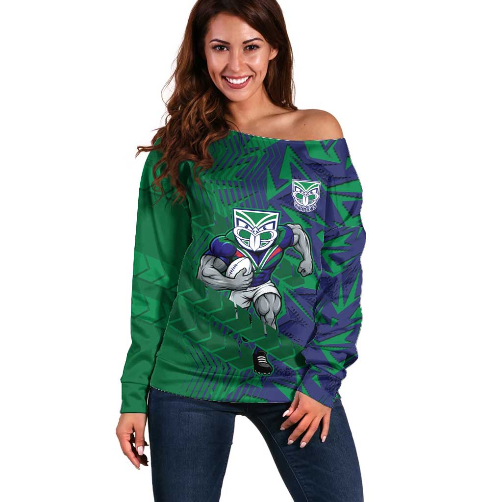 New Zealand Warriors Rugby Off Shoulder Sweater Fierce Mascot Geometric Tribal Art