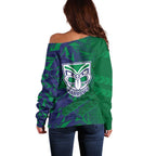New Zealand Warriors Rugby Off Shoulder Sweater Fierce Mascot Geometric Tribal Art