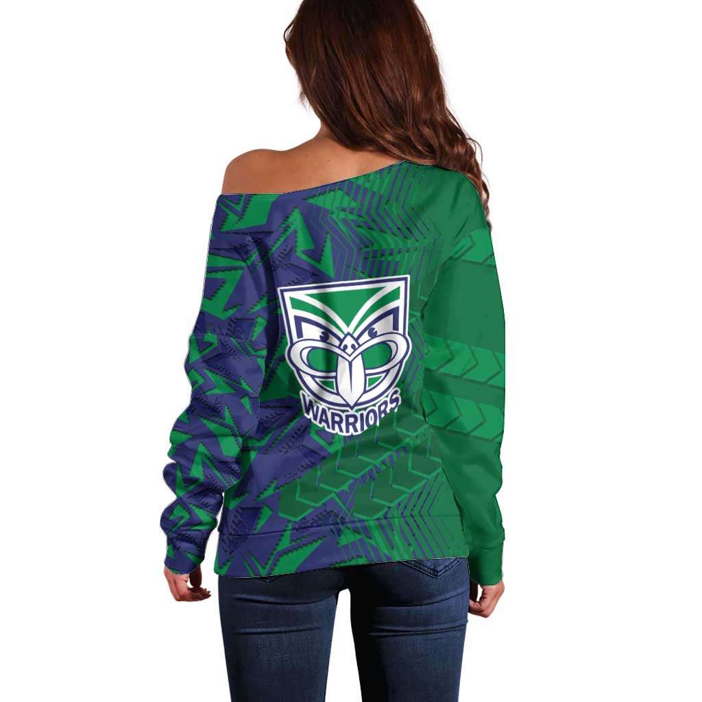 New Zealand Warriors Rugby Off Shoulder Sweater Fierce Mascot Geometric Tribal Art