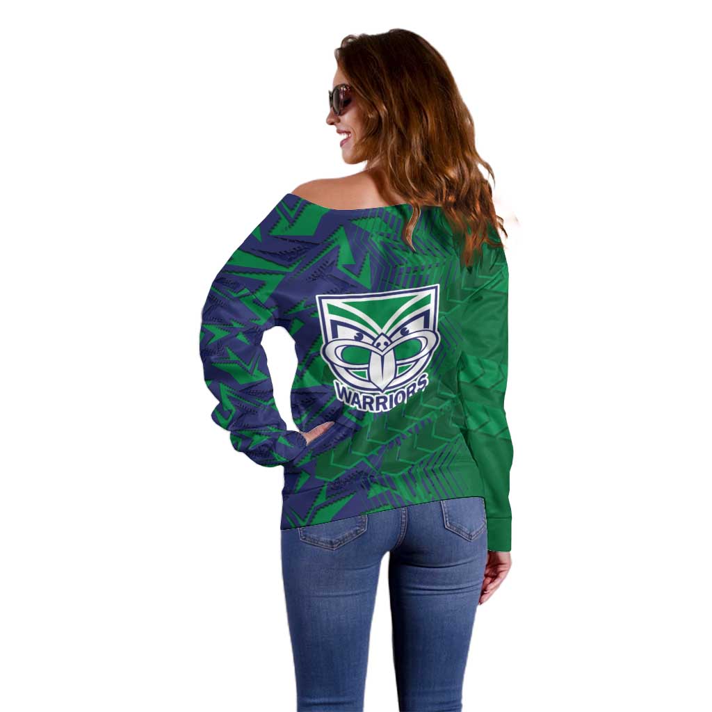 New Zealand Warriors Rugby Off Shoulder Sweater Fierce Mascot Geometric Tribal Art
