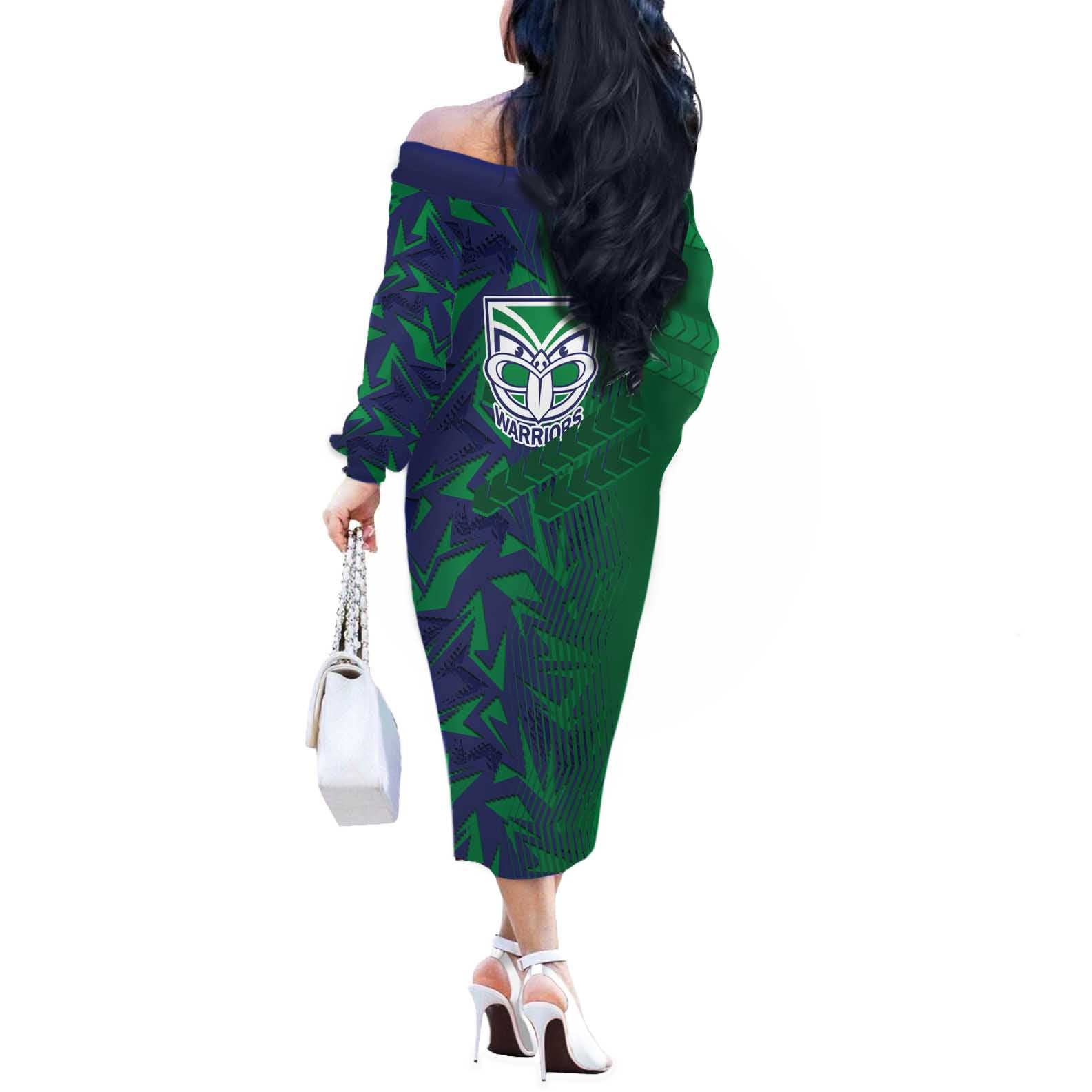 New Zealand Warriors Rugby Off The Shoulder Long Sleeve Dress Fierce Mascot Geometric Tribal Art