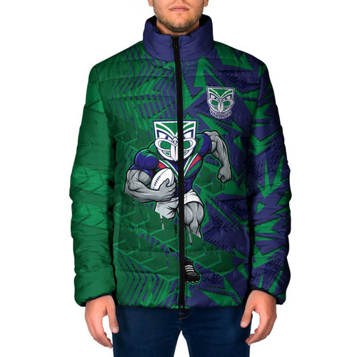 New Zealand Warriors Rugby Padded Jacket Fierce Mascot Geometric Tribal Art