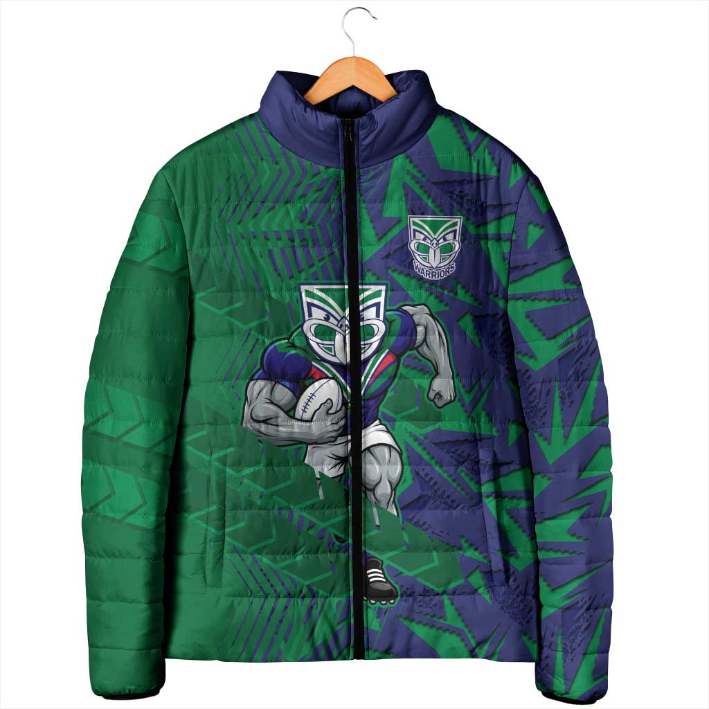 New Zealand Warriors Rugby Padded Jacket Fierce Mascot Geometric Tribal Art