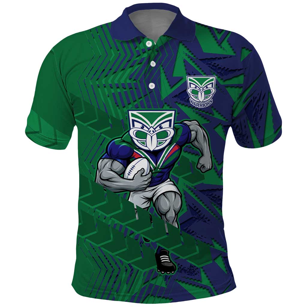 New Zealand Warriors Rugby Polo Shirt Fierce Mascot Geometric Tribal Art