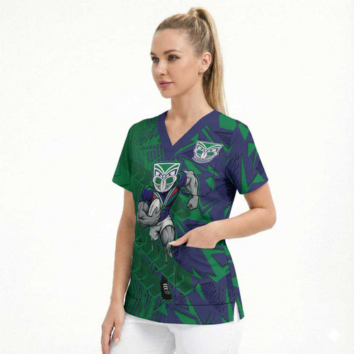 New Zealand Warriors Rugby Scrub Top Fierce Mascot Geometric Tribal Art