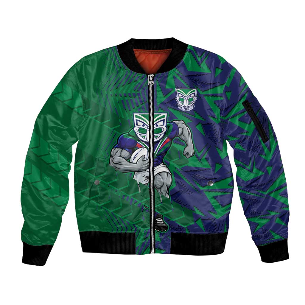 New Zealand Warriors Rugby Sleeve Zip Bomber Jacket Fierce Mascot Geometric Tribal Art