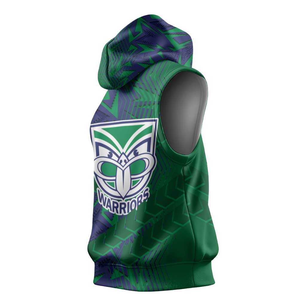 New Zealand Warriors Rugby Sleeveless Hoodie Fierce Mascot Geometric Tribal Art