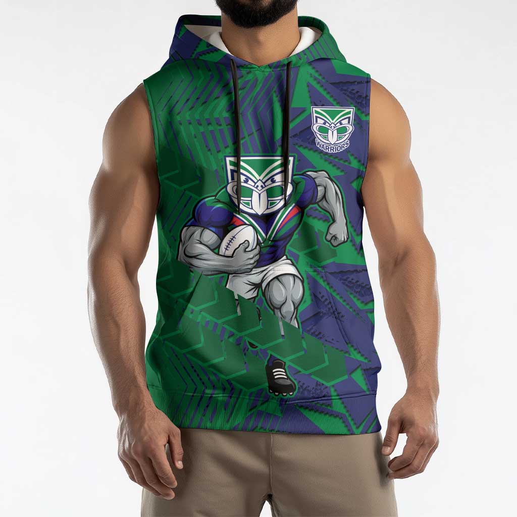 New Zealand Warriors Rugby Sleeveless Hoodie Fierce Mascot Geometric Tribal Art