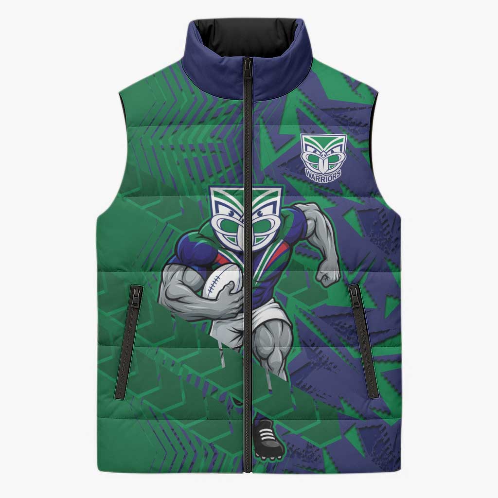 New Zealand Warriors Rugby Sleeveless Puffer Jacket Fierce Mascot Geometric Tribal Art