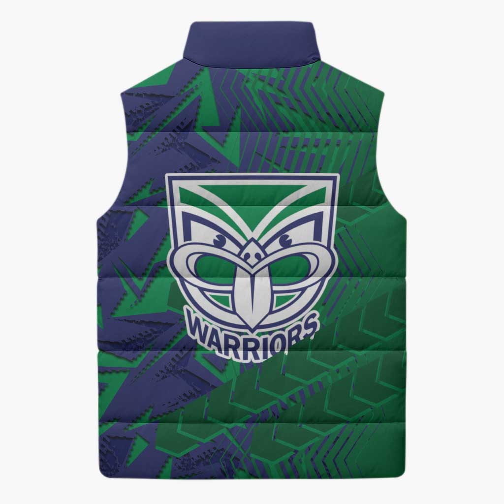 New Zealand Warriors Rugby Sleeveless Puffer Jacket Fierce Mascot Geometric Tribal Art