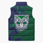 New Zealand Warriors Rugby Sleeveless Puffer Jacket Fierce Mascot Geometric Tribal Art