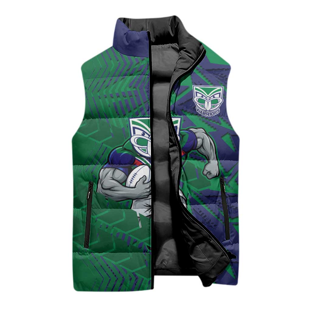 New Zealand Warriors Rugby Sleeveless Puffer Jacket Fierce Mascot Geometric Tribal Art