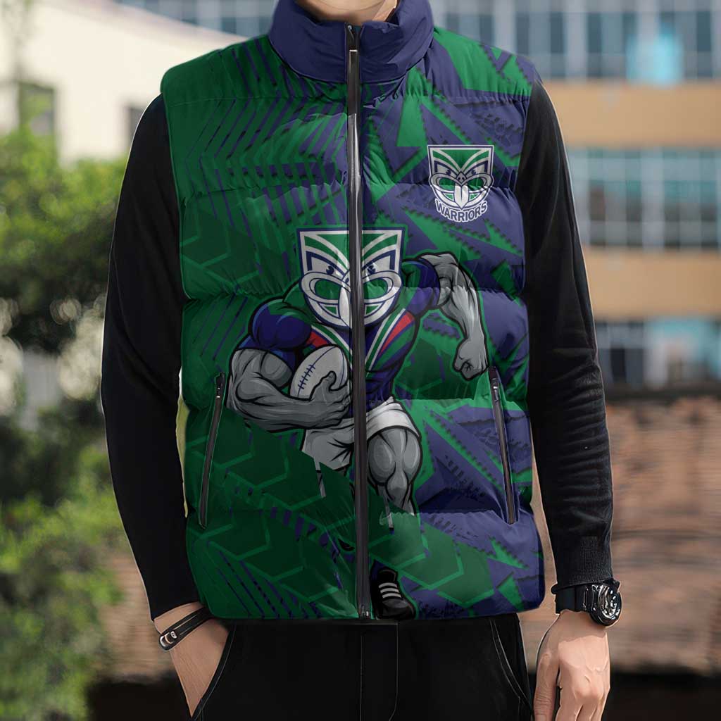 New Zealand Warriors Rugby Sleeveless Puffer Jacket Fierce Mascot Geometric Tribal Art