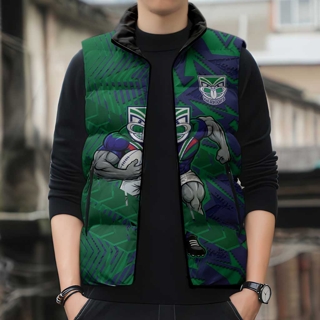 New Zealand Warriors Rugby Sleeveless Puffer Jacket Fierce Mascot Geometric Tribal Art