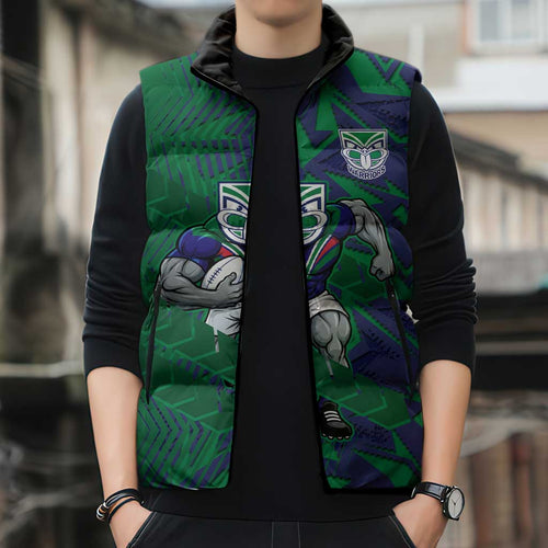 New Zealand Warriors Rugby Sleeveless Puffer Jacket Fierce Mascot Geometric Tribal Art