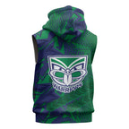New Zealand Warriors Rugby Sleeveless Zip Hoodie Fierce Mascot Geometric Tribal Art
