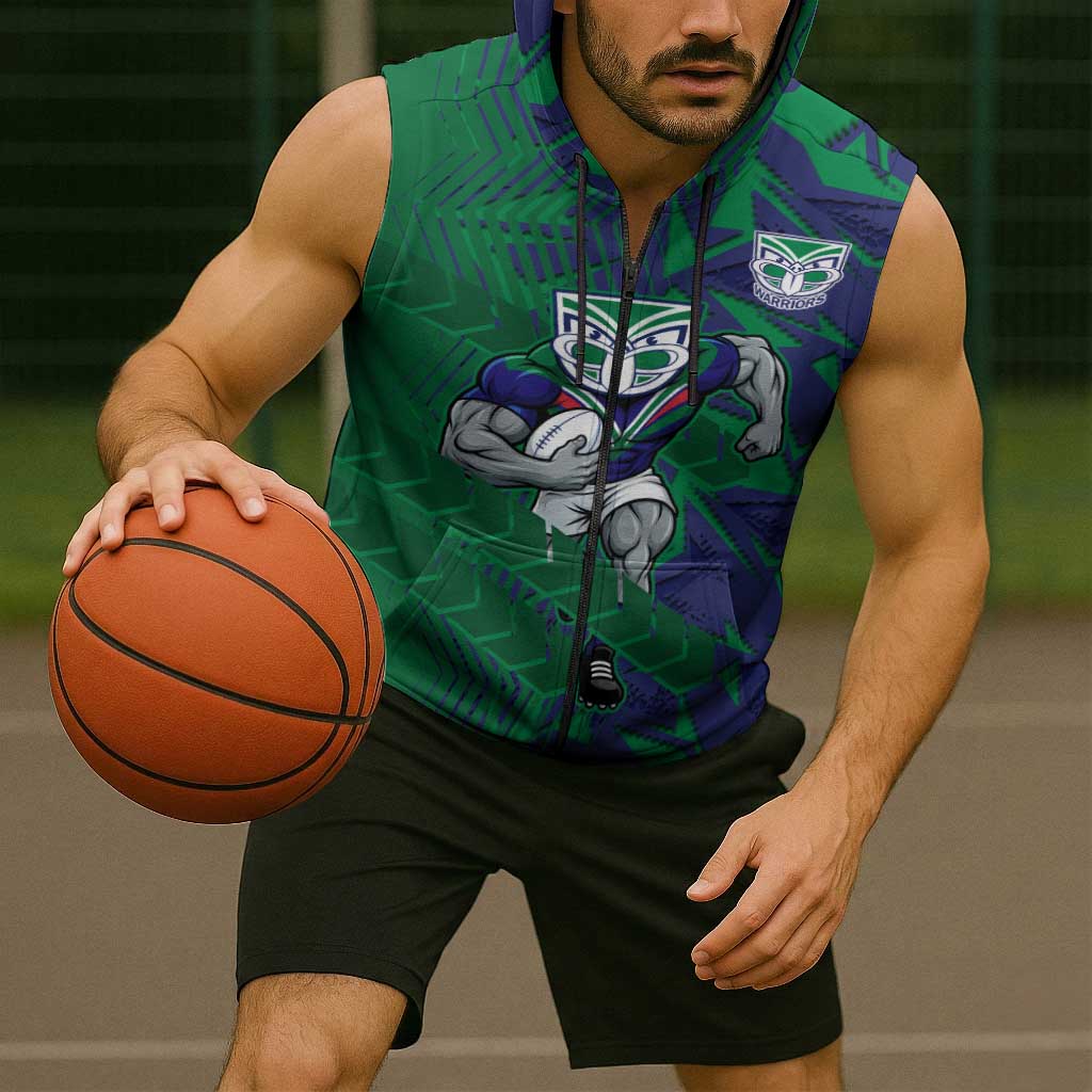 New Zealand Warriors Rugby Sleeveless Zip Hoodie Fierce Mascot Geometric Tribal Art