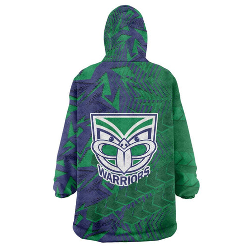 New Zealand Warriors Rugby Wearable Blanket Hoodie Fierce Mascot Geometric Tribal Art