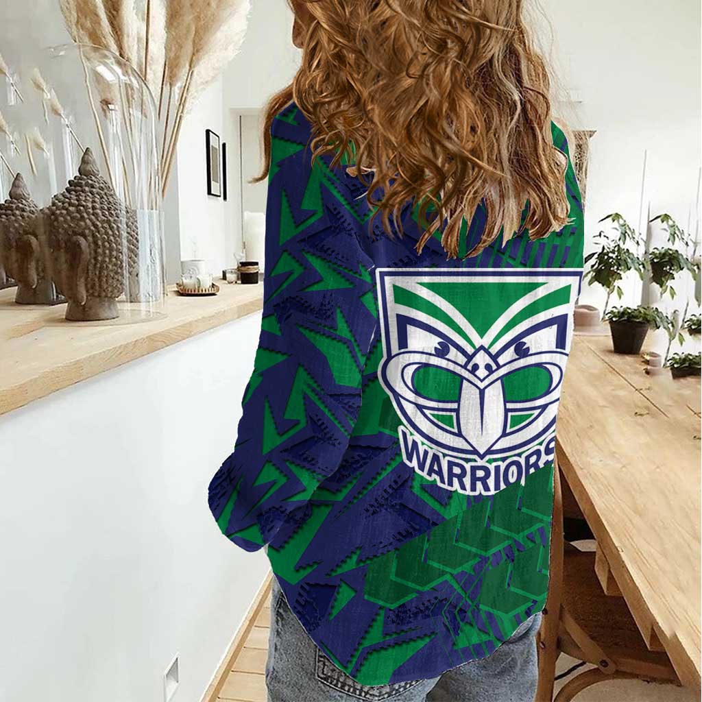 New Zealand Warriors Rugby Women Casual Shirt Fierce Mascot Geometric Tribal Art