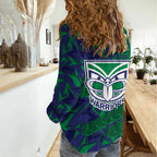 New Zealand Warriors Rugby Women Casual Shirt Fierce Mascot Geometric Tribal Art
