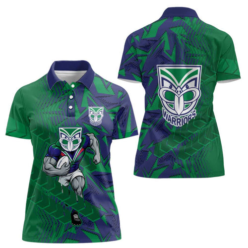 New Zealand Warriors Rugby Women Polo Shirt Fierce Mascot Geometric Tribal Art