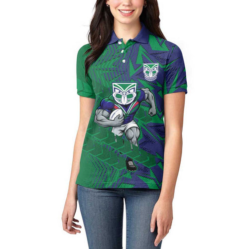 New Zealand Warriors Rugby Women Polo Shirt Fierce Mascot Geometric Tribal Art
