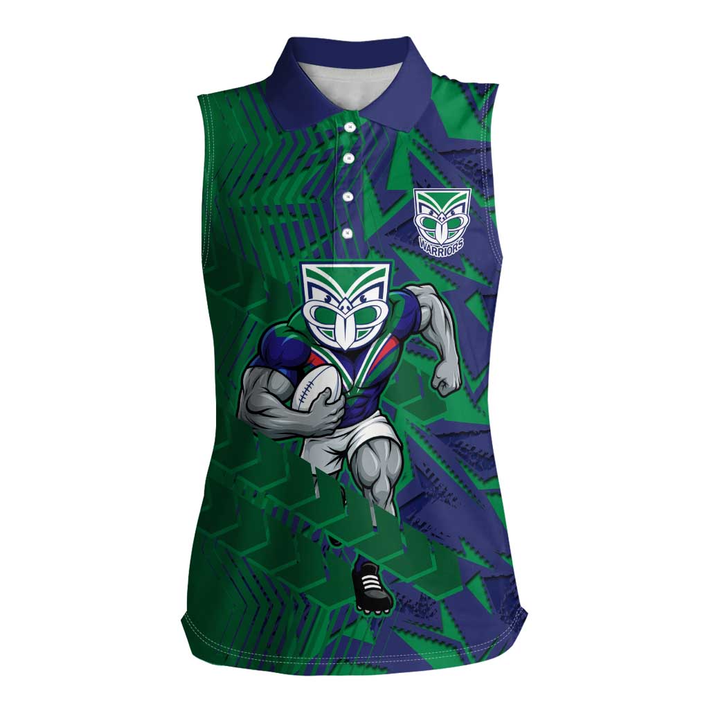 New Zealand Warriors Rugby Women Sleeveless Polo Shirt Fierce Mascot Geometric Tribal Art