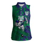 New Zealand Warriors Rugby Women Sleeveless Polo Shirt Fierce Mascot Geometric Tribal Art