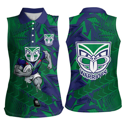 New Zealand Warriors Rugby Women Sleeveless Polo Shirt Fierce Mascot Geometric Tribal Art