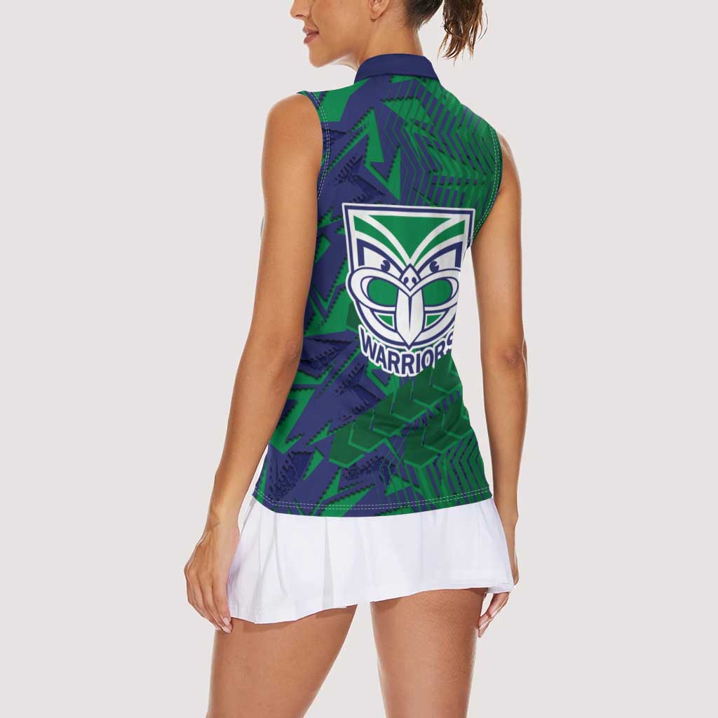 New Zealand Warriors Rugby Women Sleeveless Polo Shirt Fierce Mascot Geometric Tribal Art