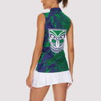 New Zealand Warriors Rugby Women Sleeveless Polo Shirt Fierce Mascot Geometric Tribal Art
