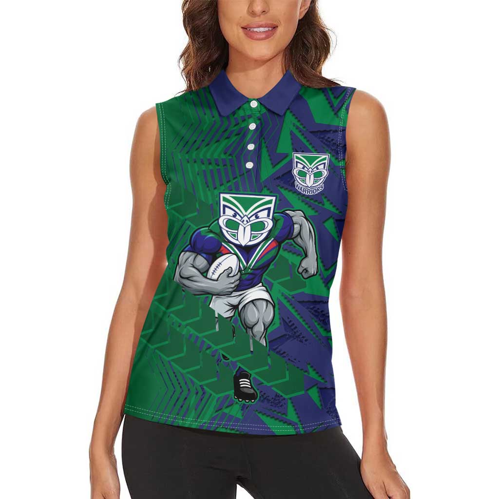 New Zealand Warriors Rugby Women Sleeveless Polo Shirt Fierce Mascot Geometric Tribal Art