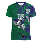 New Zealand Warriors Rugby Women V-Neck T-Shirt Fierce Mascot Geometric Tribal Art