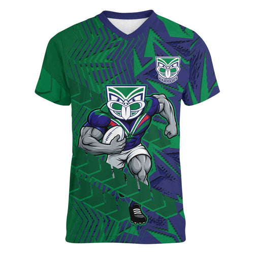 New Zealand Warriors Rugby Women V-Neck T-Shirt Fierce Mascot Geometric Tribal Art