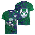 New Zealand Warriors Rugby Women V-Neck T-Shirt Fierce Mascot Geometric Tribal Art